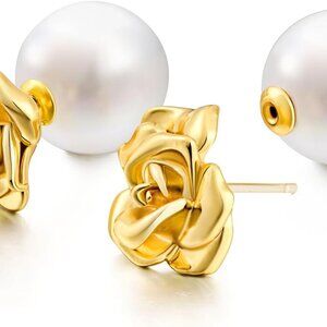 Elegant White Gold-Style Shell Pearl Stud Earrings with Ear Jacket Design for Wo